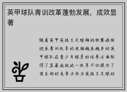 英甲球队青训改革蓬勃发展，成效显著